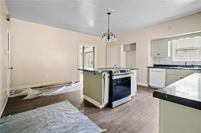 1035 Rte 130, City Of Greensburg, PA 15601 - kitchen with dishwasher, stainless steel electric stove, a sink, a chandelier, and green cabinetry