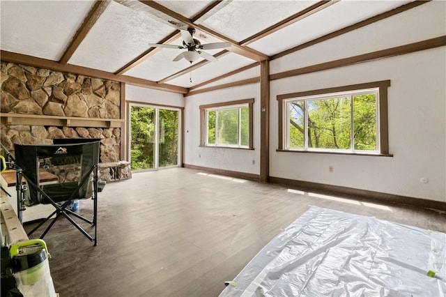 1035 Rte 130, City Of Greensburg, PA 15601 - living area featuring ceiling fan, wood finished floors, a fireplace, and baseboards