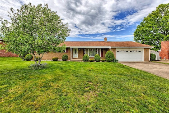 ranch-style house with an attached garage, driveway, a front lawn, a chimney, and brick siding