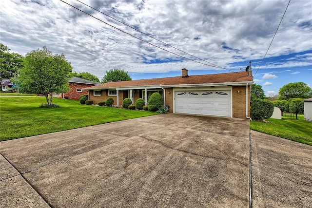 ranch-style home with driveway, a front lawn, brick siding, a chimney, and an attached garage
