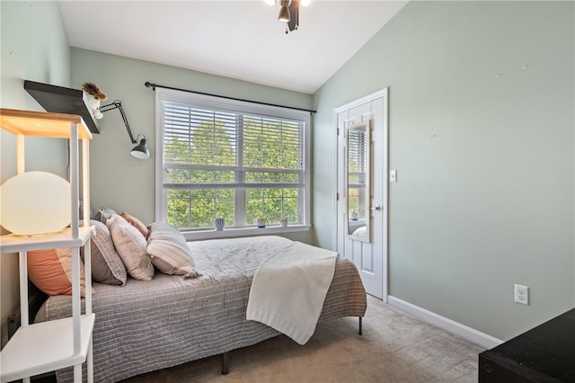 bedroom featuring carpet, lofted ceiling, baseboards, and access to exterior