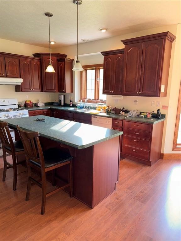 16 Finnin Rd, Allegheny Twp Wml, PA 15068 - kitchen featuring under cabinet range hood, white appliances, a sink, a center island, and a breakfast bar area