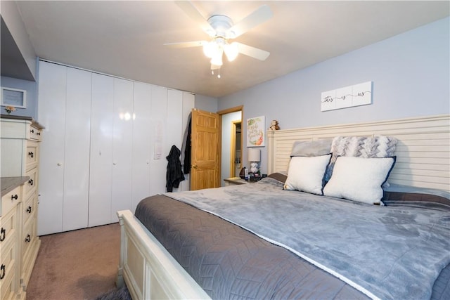 bedroom featuring carpet flooring, a closet, and a ceiling fan