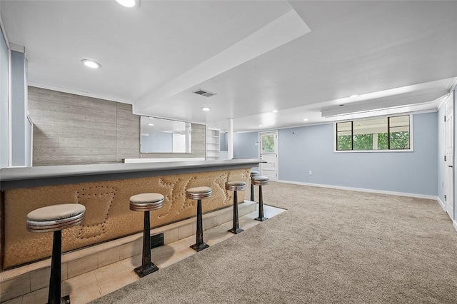indoor dry bar featuring recessed lighting, baseboards, and carpet flooring