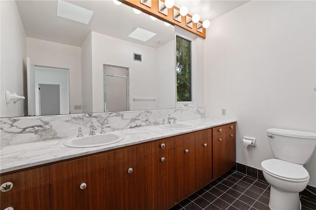 3413 Ridgewood Dr, Churchill Boro, PA 15235 - bathroom featuring toilet, double vanity, tile patterned floors, and a shower with door