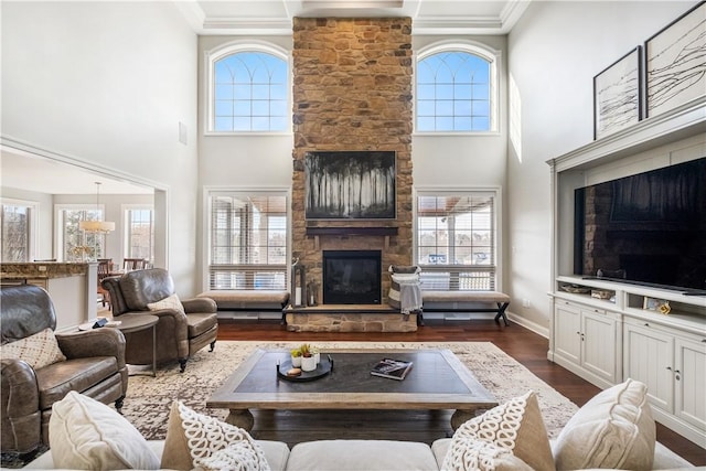 347 Buckingham Dr, Peters Twp, PA 15367 - living area with a stone fireplace, a towering ceiling, dark wood-style floors, plenty of natural light, and baseboards