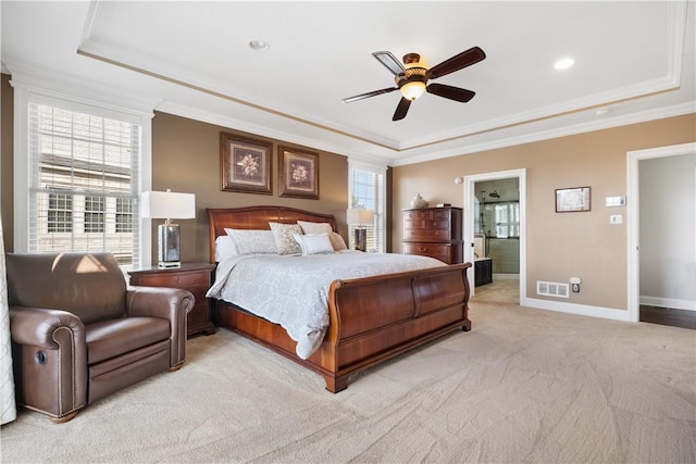 347 Buckingham Dr, Peters Twp, PA 15367 - bedroom with a tray ceiling, light colored carpet, ornamental molding, baseboards, and a ceiling fan