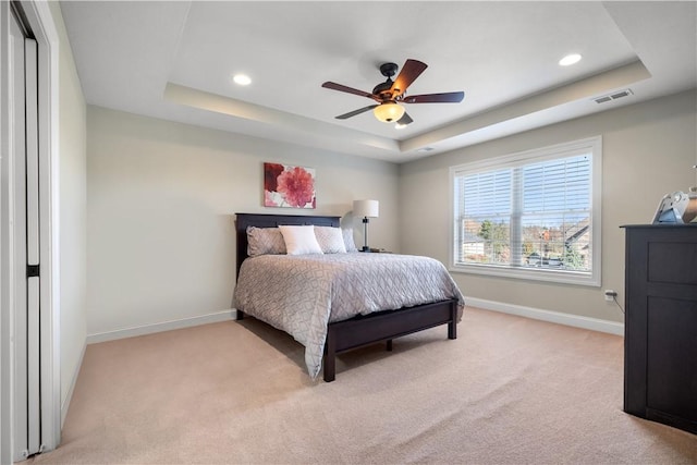 347 Buckingham Dr, Peters Twp, PA 15367 - bedroom with a raised ceiling, baseboards, light colored carpet, recessed lighting, and ceiling fan
