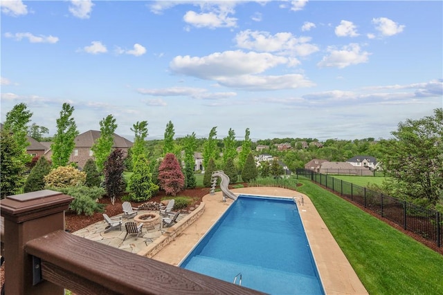 347 Buckingham Dr, Peters Twp, PA 15367 - view of swimming pool featuring a water slide, a fire pit, and a patio