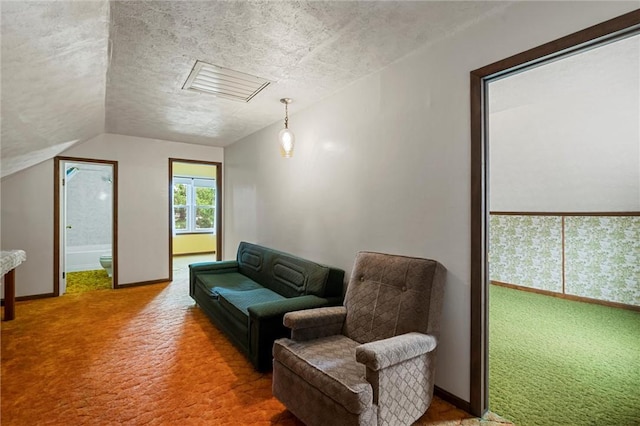 3601 Sharon Rd, West Middlesex Boro, PA 16159 - sitting room with light carpet, baseboards, a textured ceiling, and lofted ceiling