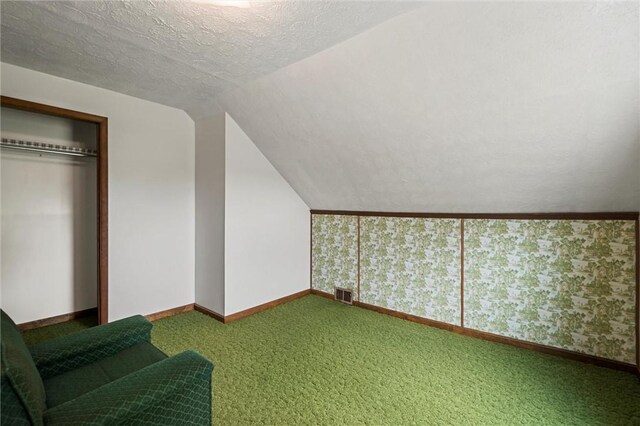3601 Sharon Rd, West Middlesex Boro, PA 16159 - additional living space featuring carpet flooring, baseboards, lofted ceiling, and a textured ceiling