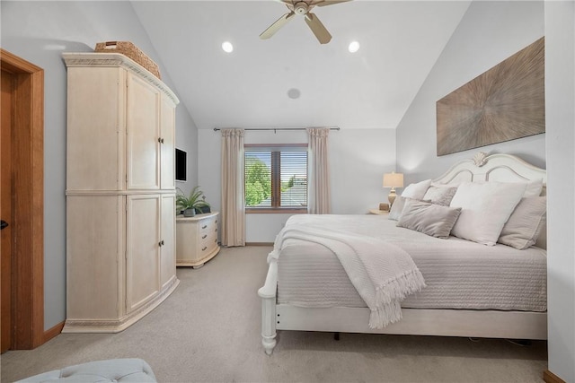 bedroom with vaulted ceiling, light carpet, baseboards, ceiling fan, and recessed lighting