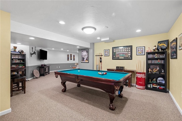 game room featuring carpet floors, baseboards, pool table, and recessed lighting