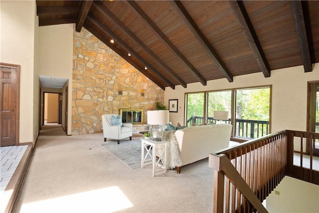 114 Moore Dr, Peters Twp, PA 15317 - living area featuring wooden ceiling with exposed beams, carpet flooring, high vaulted ceiling, and a fireplace
