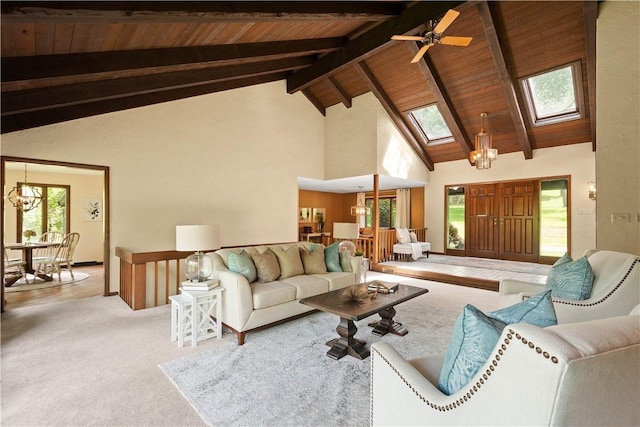 114 Moore Dr, Peters Twp, PA 15317 - carpeted living area with wood ceiling with exposed beams, a skylight, high vaulted ceiling, and a ceiling fan