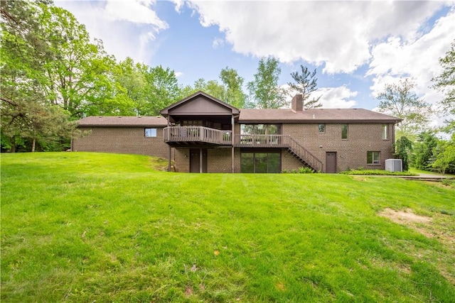 114 Moore Dr, Peters Twp, PA 15317 - rear view of house with a deck, central AC, a yard, and stairway
