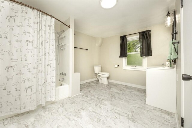234 E Neshannock Ave, New Wilmington Boro, PA 16142 - full bathroom with marble look tiles, toilet, shower / bath combo, and baseboards