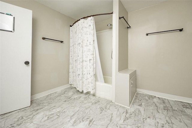 234 E Neshannock Ave, New Wilmington Boro, PA 16142 - full bath with marble finish floors, shower / bath combo with shower curtain, and baseboards