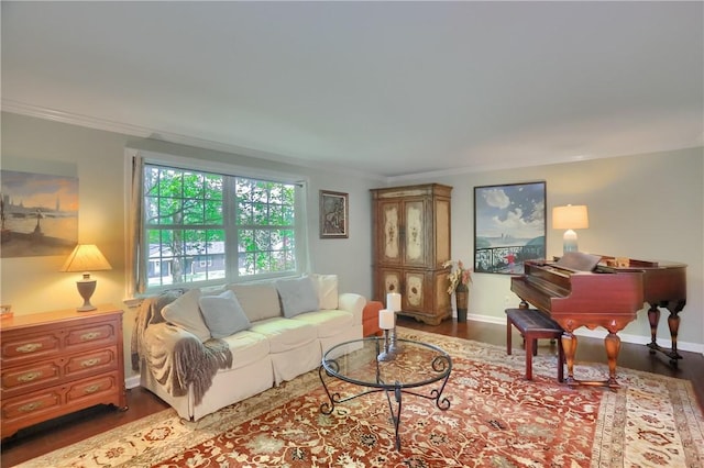 living area featuring wood finished floors and crown molding
