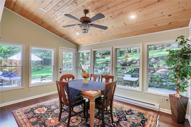 dining space featuring a baseboard heating unit, wood ceiling, lofted ceiling, a ceiling fan, and dark wood-type flooring