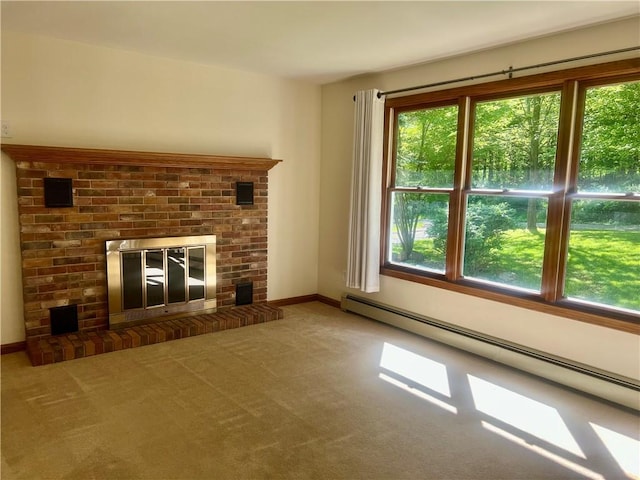 150 Long Hill Rd, Salem Twp Mer, PA 16130 - unfurnished living room featuring a baseboard heating unit, a fireplace, carpet floors, and baseboards