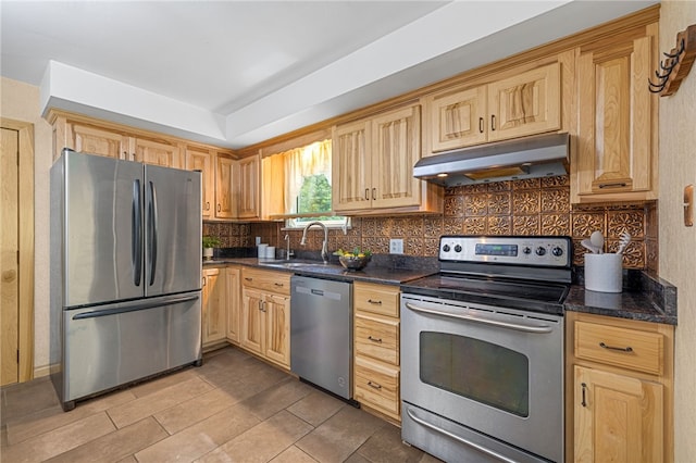 318 Milbren Dr, Penn Hills, PA 15147 - kitchen with appliances with stainless steel finishes, under cabinet range hood, a sink, decorative backsplash, and light brown cabinets