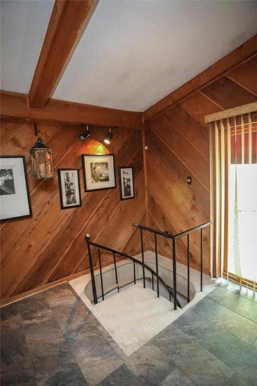 107 Great Oaks Dr, Moon/Crescent Twp, PA 15108 - stairs with wood walls and beamed ceiling