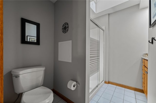 bathroom featuring baseboards, a shower stall, and vanity