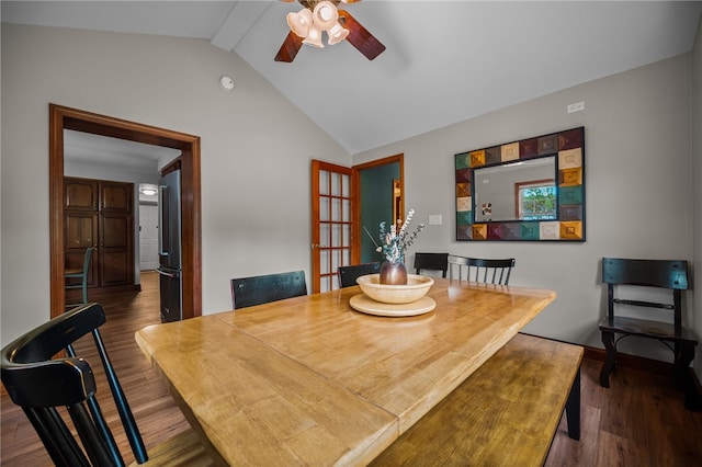 dining space with ceiling fan and wood finished floors
