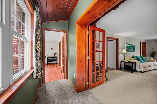 corridor featuring healthy amount of natural light, carpet, and baseboards