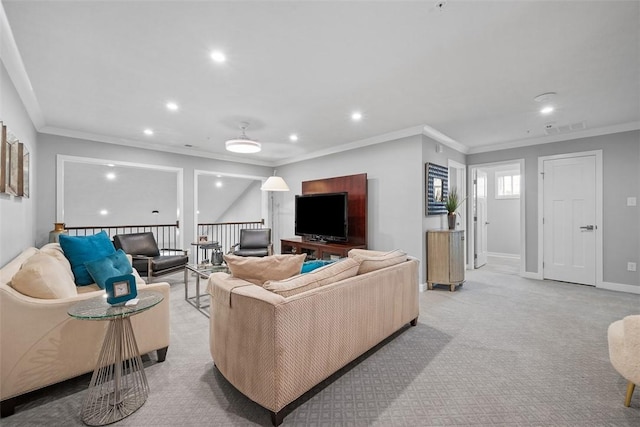 living area featuring recessed lighting, light carpet, ornamental molding, and baseboards