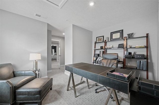 carpeted home office featuring baseboards and recessed lighting