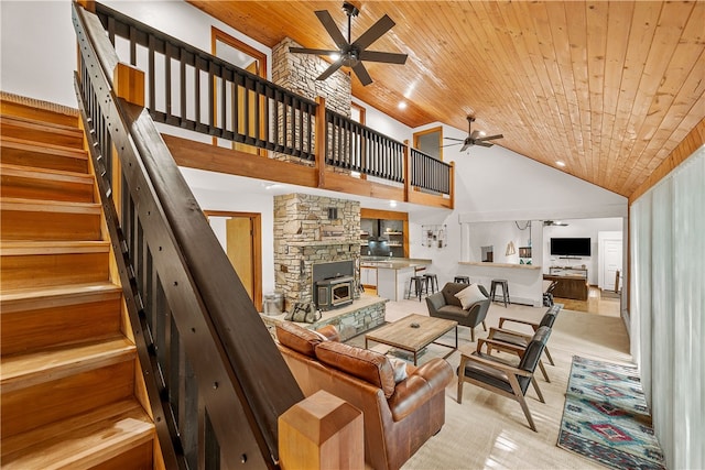 147 Crimson Oak Rd, Jefferson Twp Som, PA 15501 - living area with ceiling fan, wood ceiling, stairs, high vaulted ceiling, and carpet