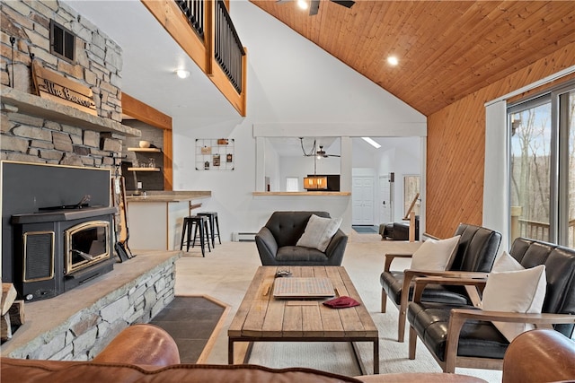147 Crimson Oak Rd, Jefferson Twp Som, PA 15501 - carpeted living area with ceiling fan, a fireplace, high vaulted ceiling, a baseboard radiator, and wooden ceiling