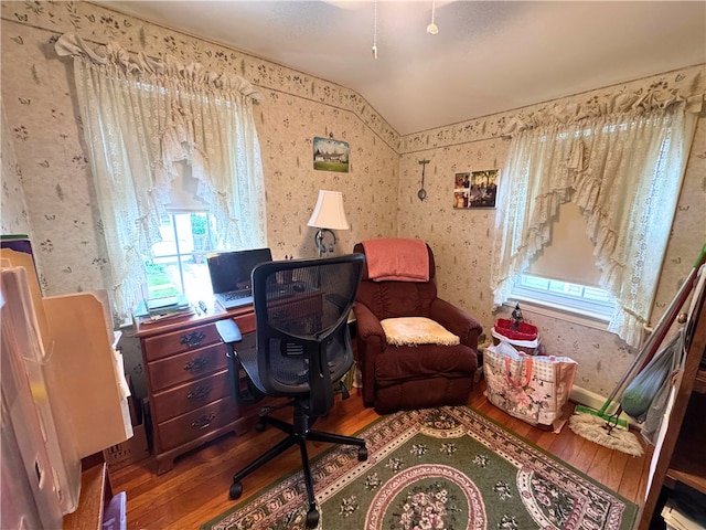 911 Columbia Ave, Grove City Boro, PA 16127 - office space featuring wood-type flooring, wallpapered walls, vaulted ceiling, and plenty of natural light