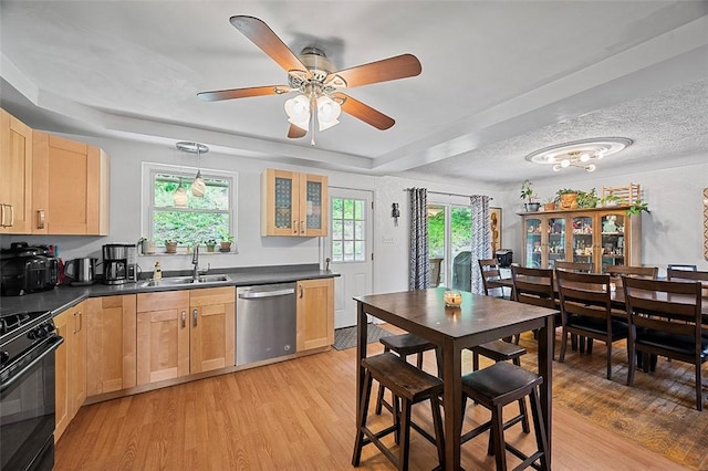 426 Oliver Dr, White Oak, PA 15131 - kitchen with dishwasher, light brown cabinetry, a raised ceiling, black range, and a sink