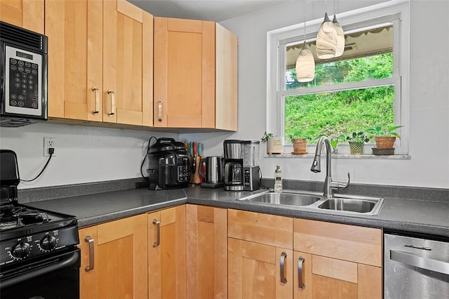 426 Oliver Dr, White Oak, PA 15131 - kitchen with appliances with stainless steel finishes, a sink, dark countertops, and light brown cabinets