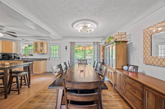 426 Oliver Dr, White Oak, PA 15131 - dining area with light wood-style floors, a textured ceiling, a ceiling fan, and a chandelier
