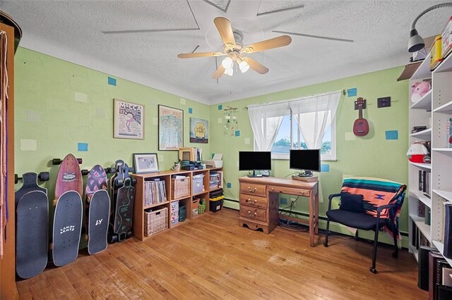426 Oliver Dr, White Oak, PA 15131 - home office featuring a ceiling fan, a textured ceiling, light wood-type flooring, and a baseboard radiator