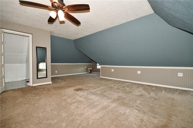 918 Arlington Prt, Vue, PA 15133 - bonus room with ceiling fan, a textured ceiling, carpet, vaulted ceiling, and a wainscoted wall
