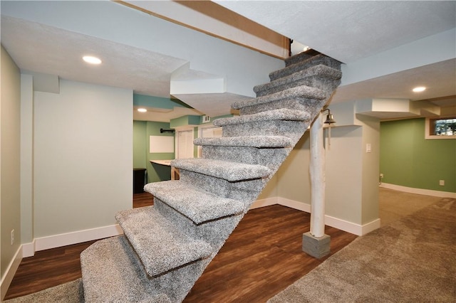 918 Arlington Prt, Vue, PA 15133 - staircase featuring baseboards, wood finished floors, and recessed lighting