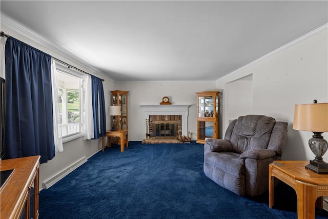 living area featuring baseboard heating, dark colored carpet, a fireplace, and crown molding