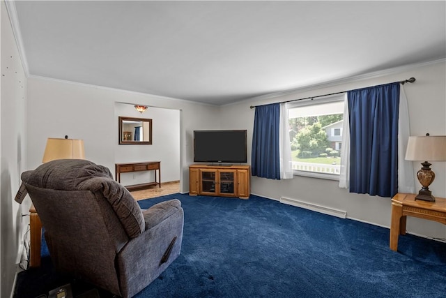 living area with a baseboard heating unit, dark colored carpet, and crown molding