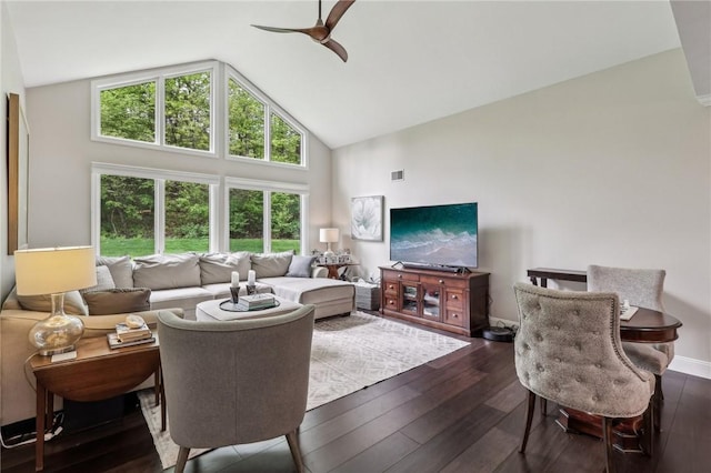 1231 Nicklaus Way W, Deer, PA 15044 - living area featuring high vaulted ceiling, ceiling fan, dark wood-style floors, and baseboards