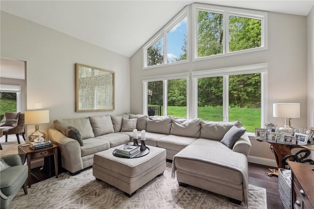 1231 Nicklaus Way W, Deer, PA 15044 - living room with high vaulted ceiling, plenty of natural light, wood finished floors, and baseboards