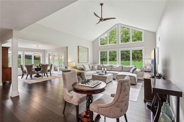 1231 Nicklaus Way W, Deer, PA 15044 - living area featuring healthy amount of natural light, ceiling fan, high vaulted ceiling, and dark wood-style flooring