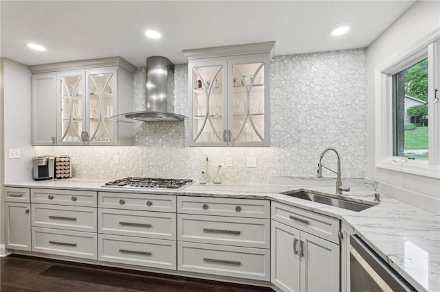1231 Nicklaus Way W, Deer, PA 15044 - kitchen with wall chimney exhaust hood, a sink, stainless steel gas stovetop, wine cooler, and decorative backsplash