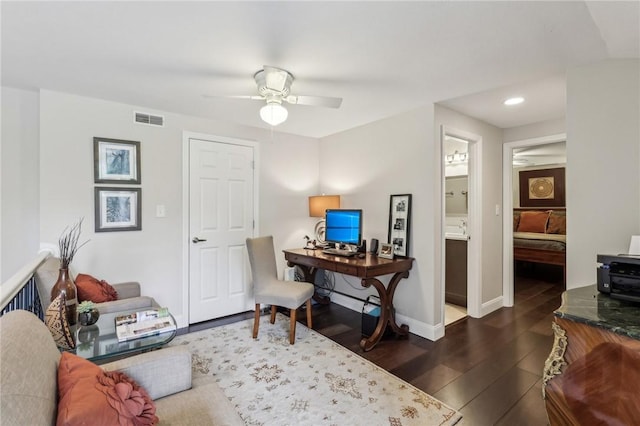 1231 Nicklaus Way W, Deer, PA 15044 - home office with ceiling fan, dark wood-style flooring, baseboards, and recessed lighting