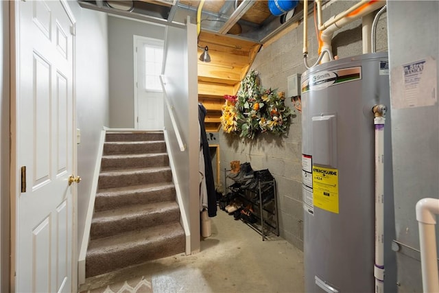 239 Mountain Dr, Carnegie, PA 15106 - staircase featuring electric water heater, unfinished concrete floors, and concrete block wall