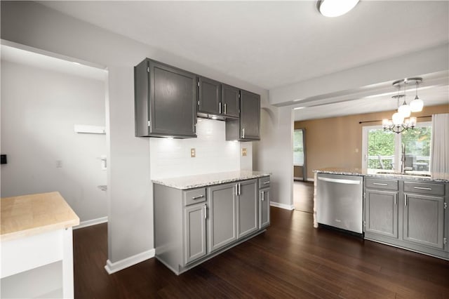 239 Mountain Dr, Carnegie, PA 15106 - kitchen with dishwasher, dark wood-type flooring, gray cabinets, backsplash, and baseboards